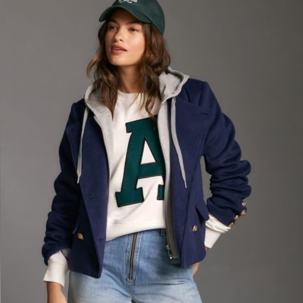 Maeve by Anthropologie Navy Twofer Peacoat with Removable Gray Hoodie insert